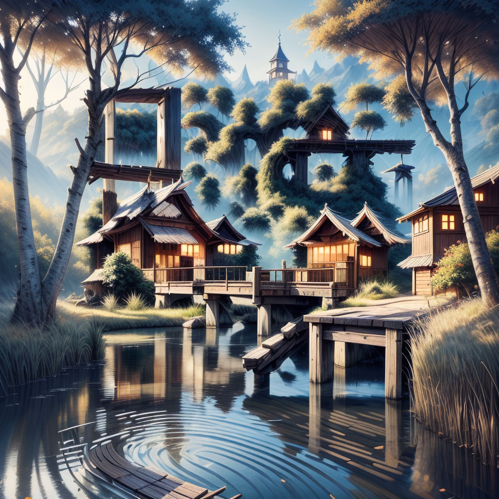 Riverside Wooden Village Fantasy QR Code Art — image 1