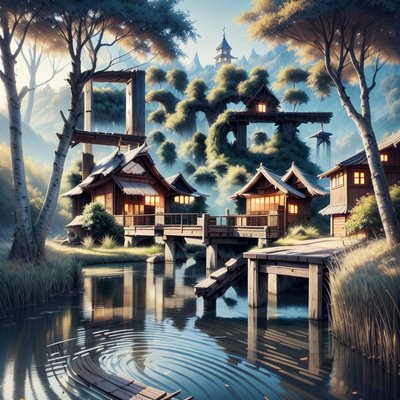 Riverside Wooden Village Fantasy QR Code Art