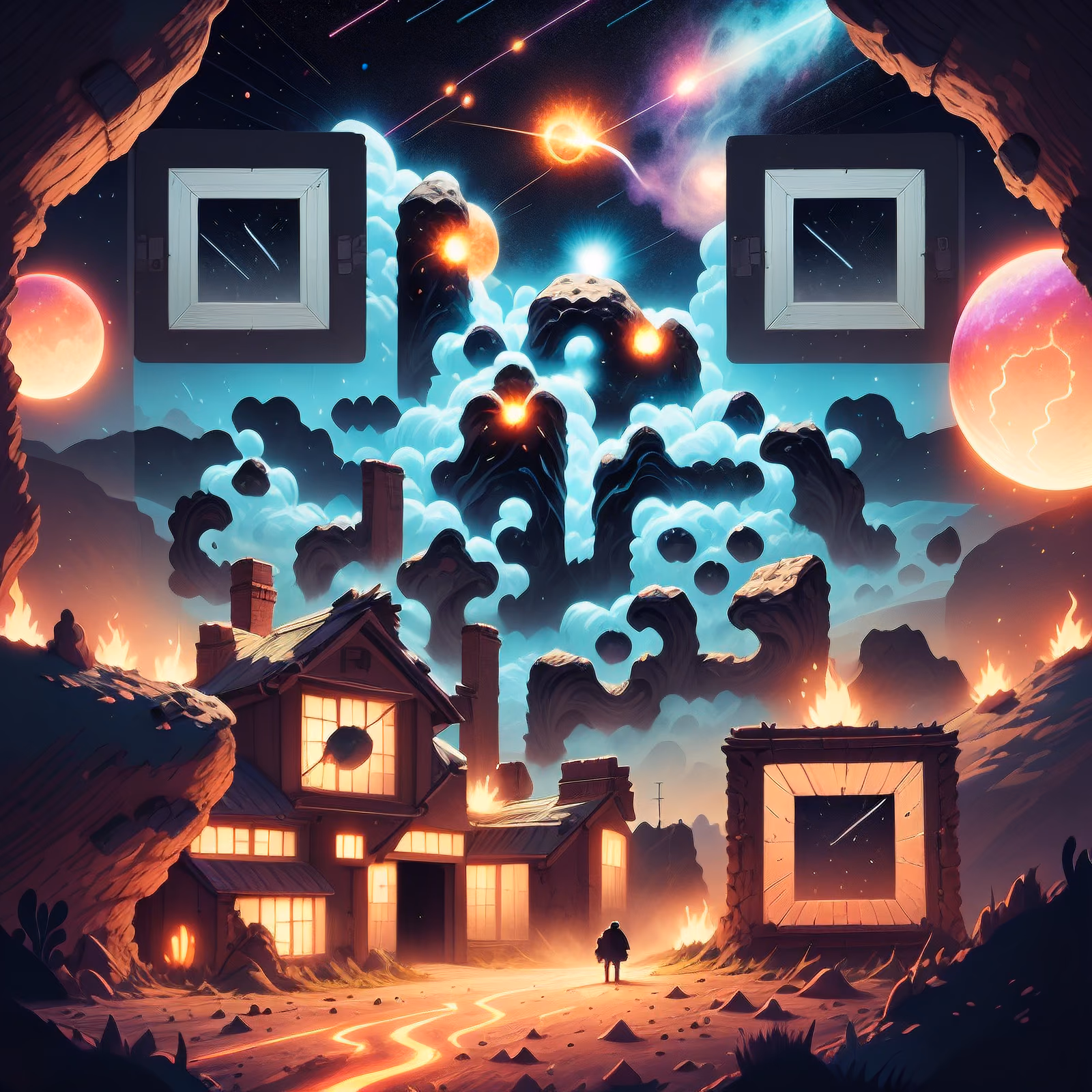 Meteor Shower Over Glowing House QR Code for Posters — image 1