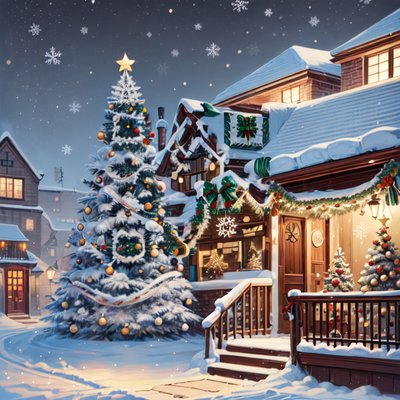 Snowy Christmas Village Digital Painting QR Code for Greeting Cards