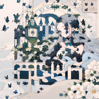Anime Girl Castle Butterflies QR Code Art — image 1