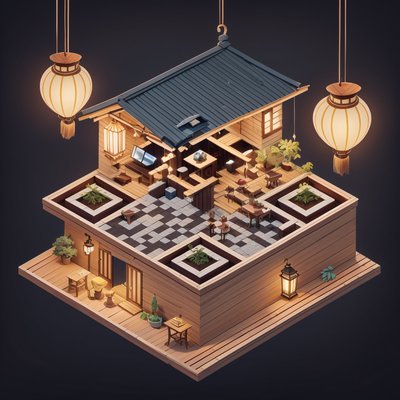 Isometric Noodle House Diorama QR Code for Restaurant Menus