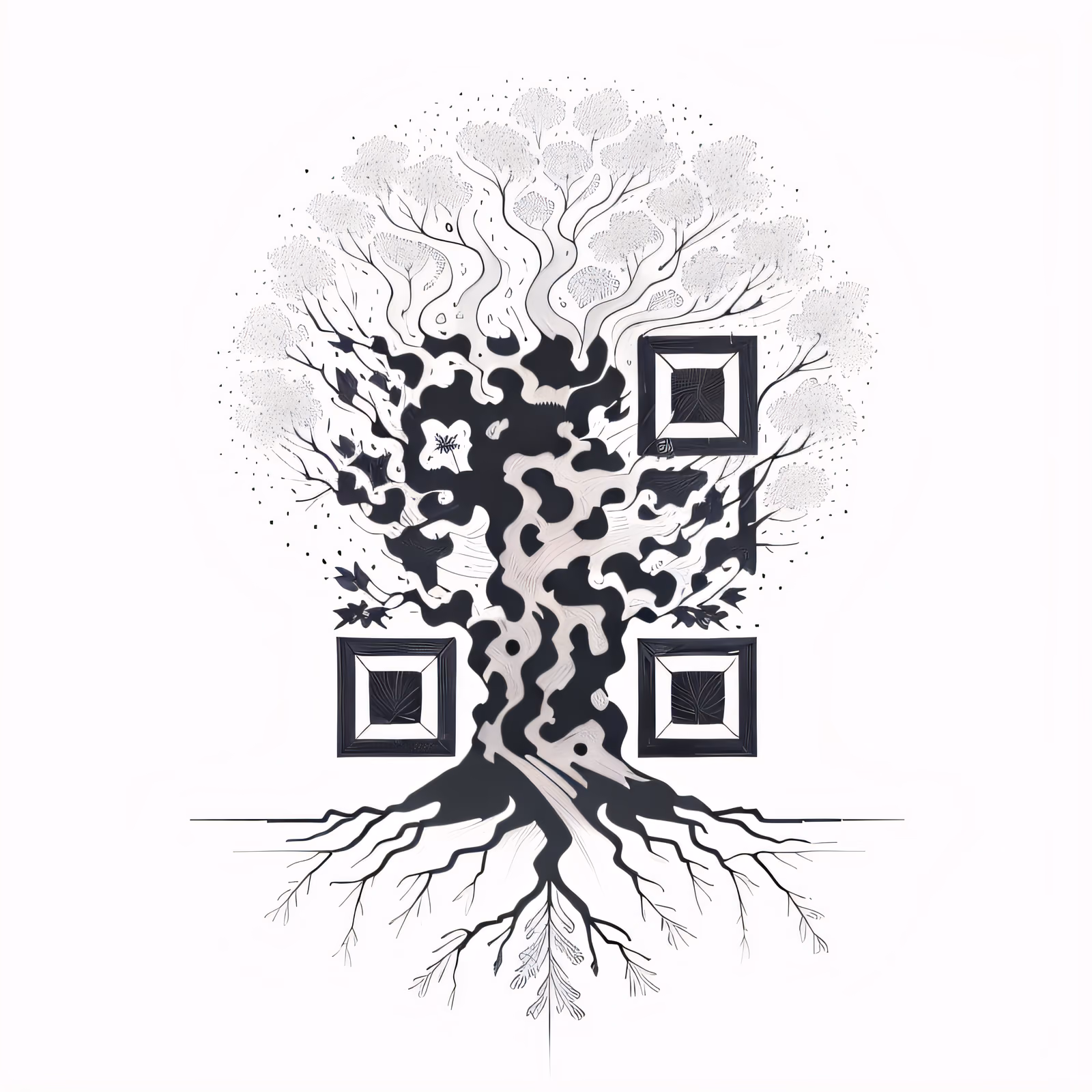 Дерево с корнями, татуировка тушью: QR-код для переводных татуировок — изображение 1