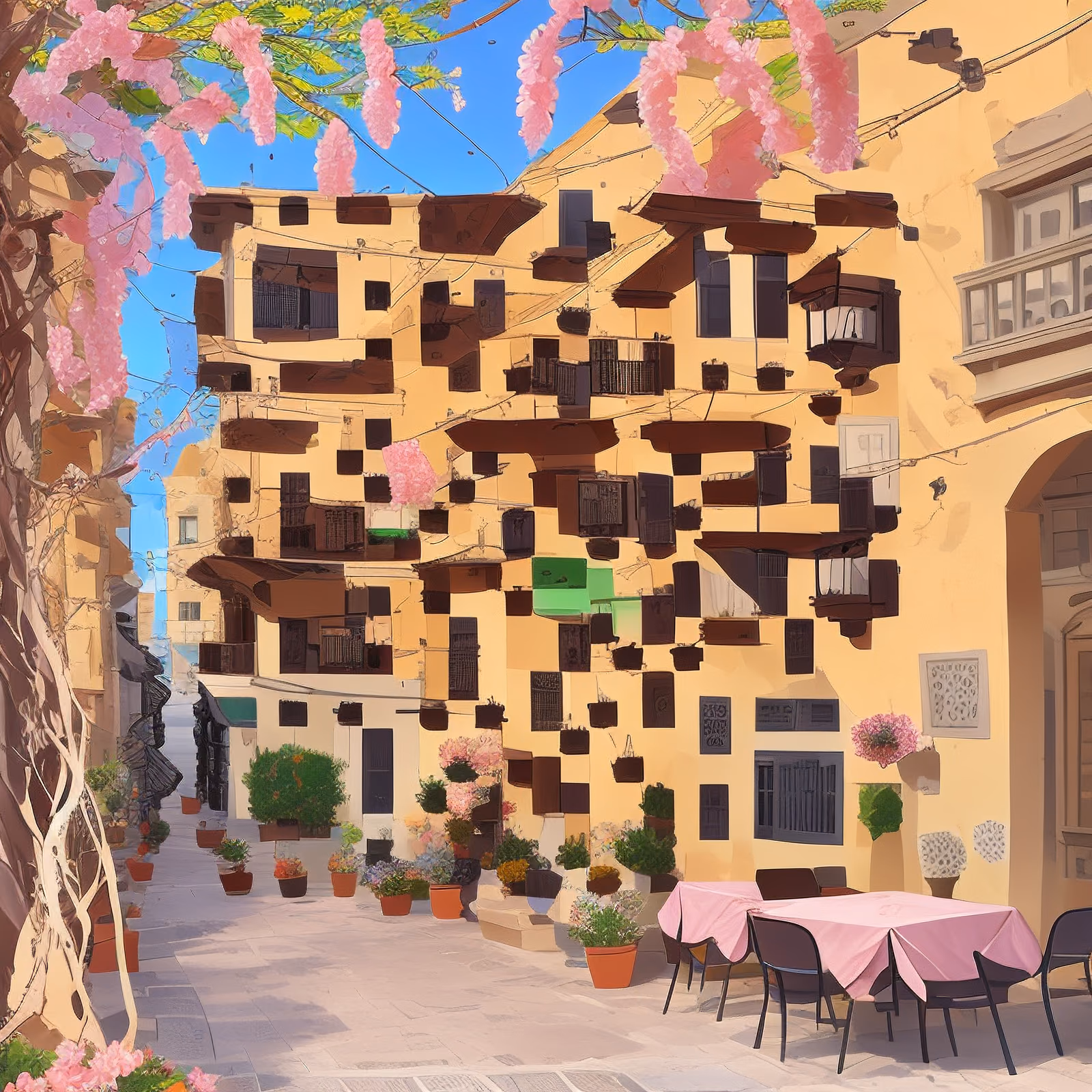 Улочка старого города с розовыми цветами, QR-код для постеров — изображение 1