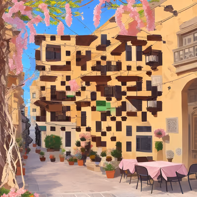 Улочка старого города с розовыми цветами, QR-код для постеров — изображение 1
