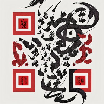 Красно-чёрная каллиграфия тушью: QR-код для постеров