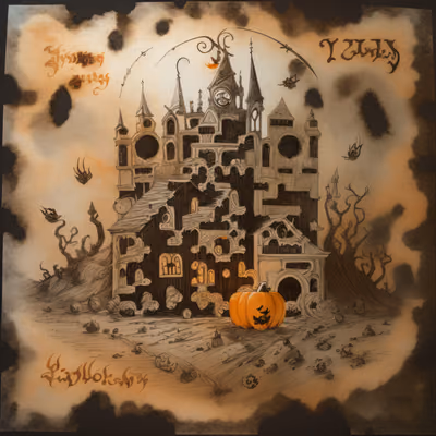 Haunted Castle Pumpkin Ink Drawing QR Code for Posters — image 1