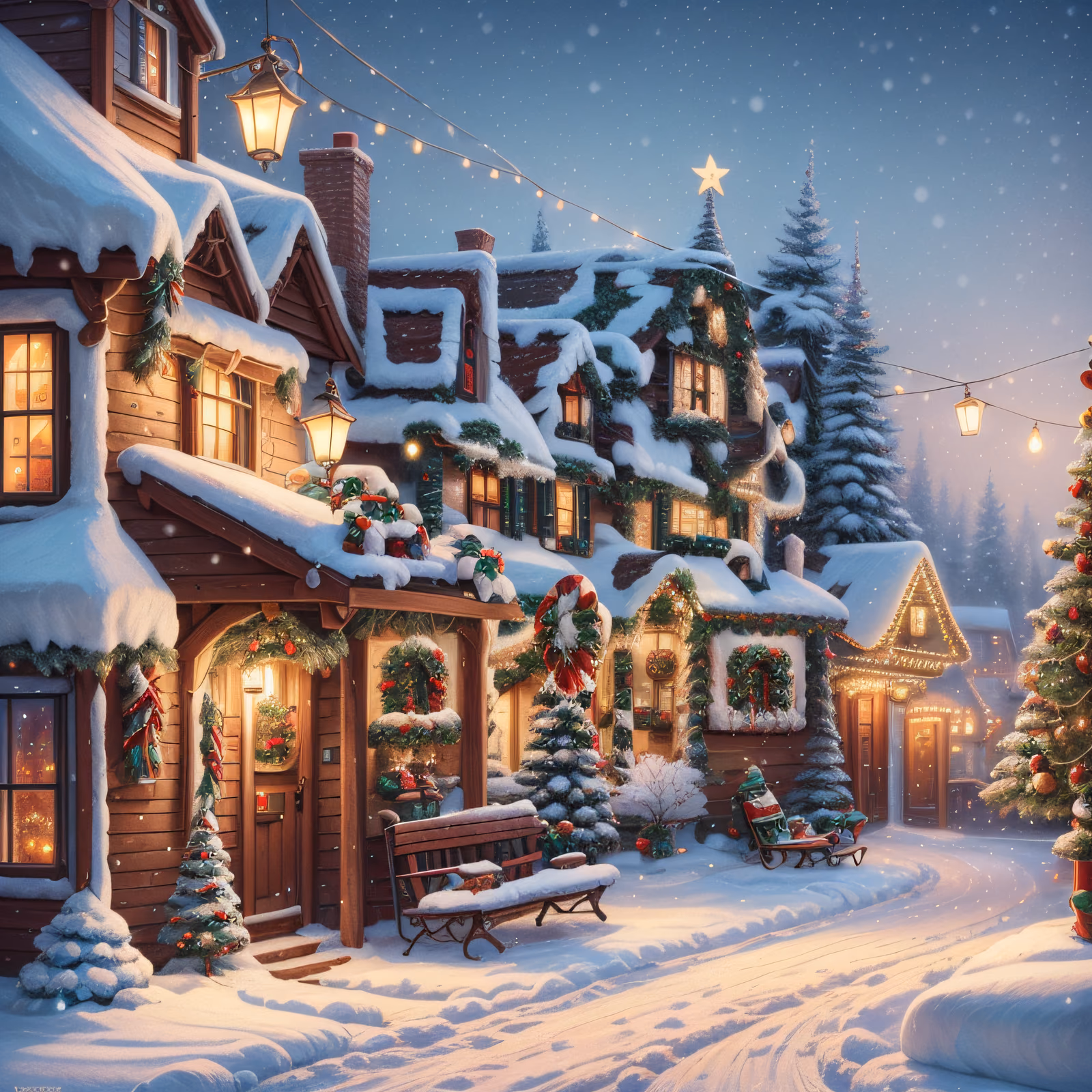 Snowy Christmas Village Digital Painting Night Scene QR Code for Greeting Cards — image 1