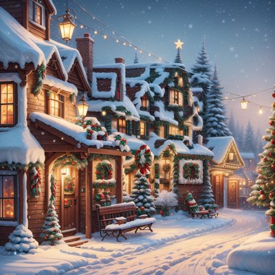 Snowy Christmas Village Digital Painting Night Scene QR Code for Greeting Cards