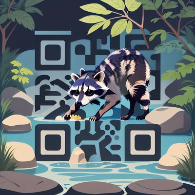 Raccoon in Stream Flat Vector QR Code Art