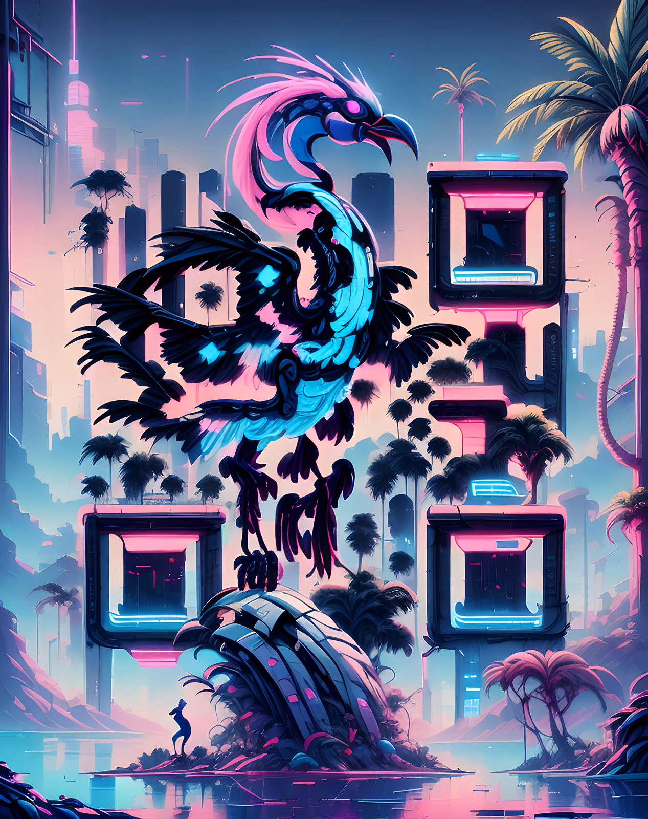 Неоновая птица в стиле синтвейв: QR-код для постеров — изображение 1