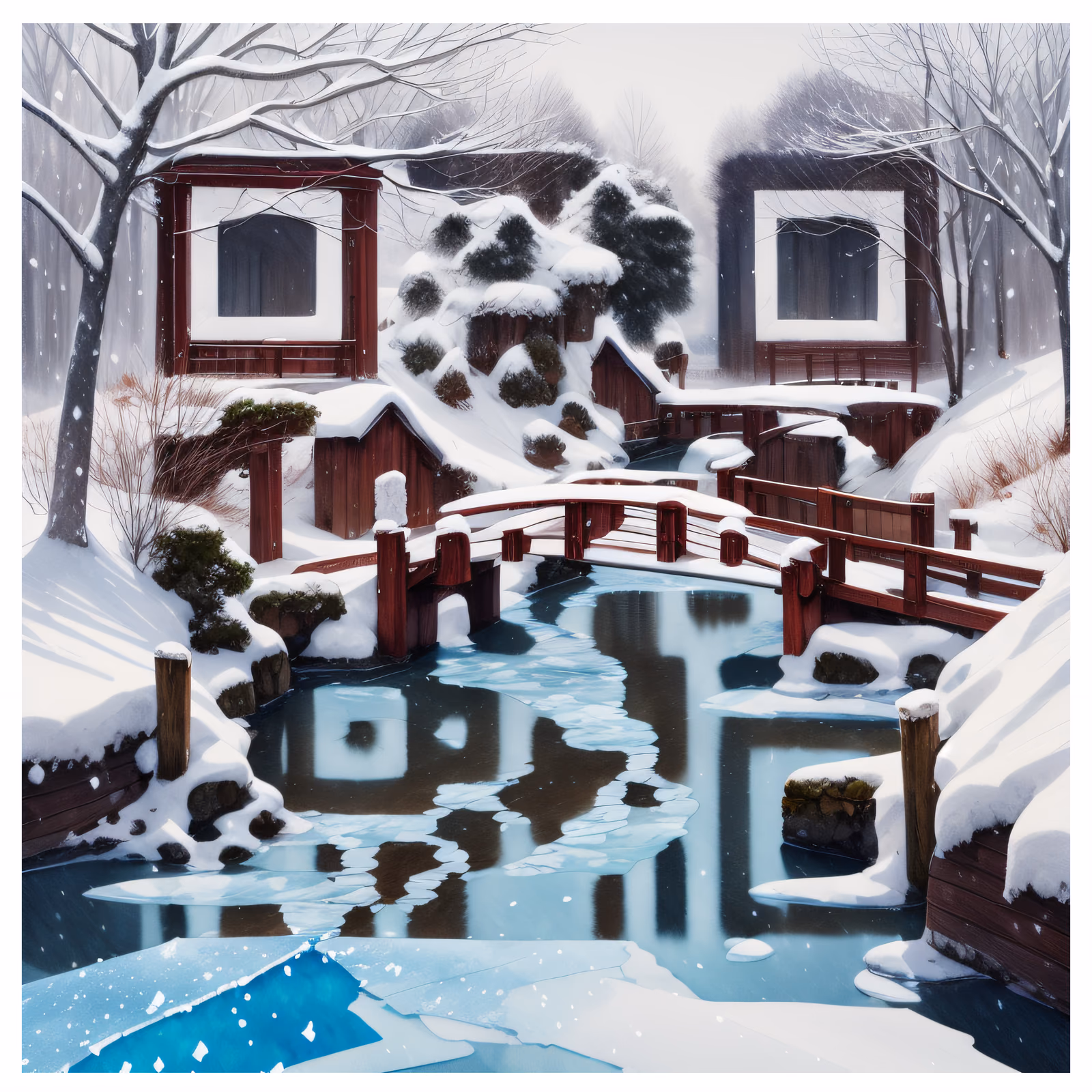 Snowy Wooden Bridge Watercolor QR Code for Greeting Cards — image 1