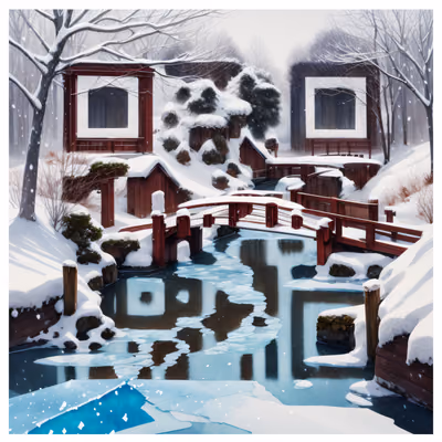 Snowy Wooden Bridge Watercolor QR Code for Greeting Cards — image 1