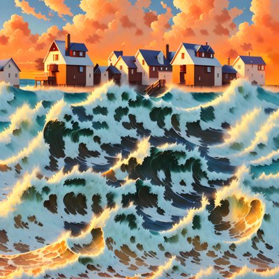 Coastal Houses Stormy Ocean Waves QR Code Art