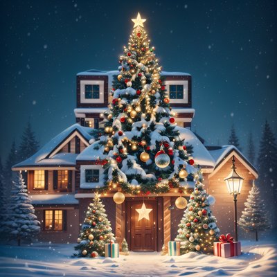 Snowy Christmas Tree Cabin QR Code for Greeting Cards