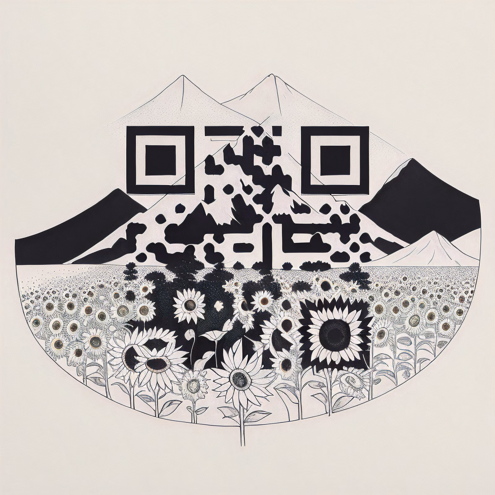 Sunflower Field Mountain Ink QR Code Art — image 1