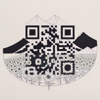 Sunflower Field Mountain Ink QR Code Art — image 1
