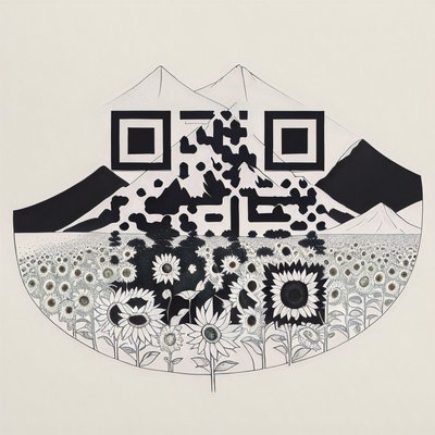 Sunflower Field Mountain Ink QR Code Art