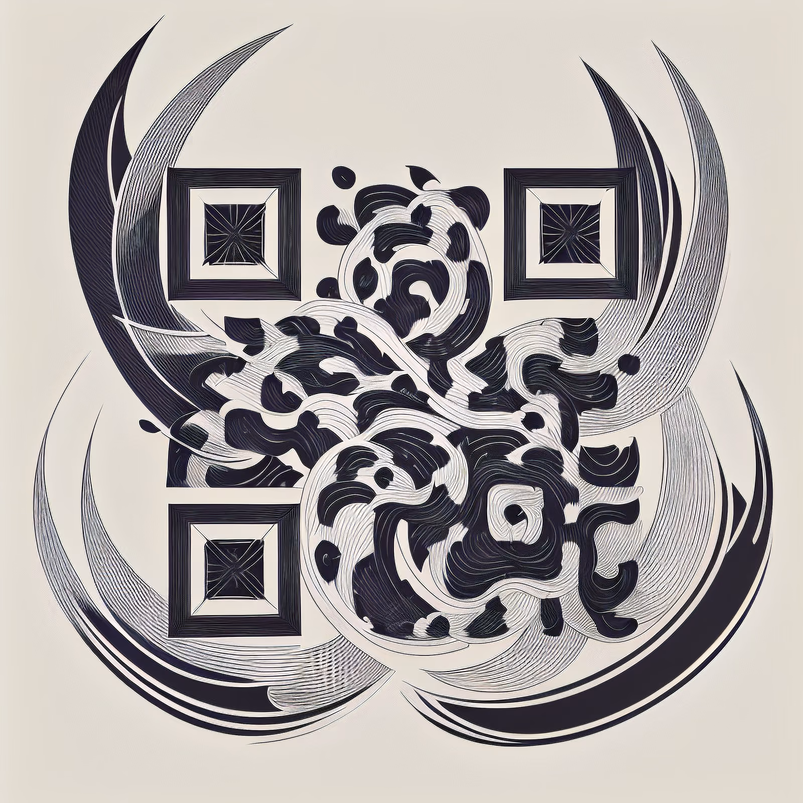 Речной водоворот в стиле тату: QR-код в технике линейного рисунка для временных татуировок — изображение 1