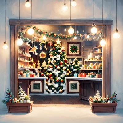 Christmas Shop Interior Storybook QR Code for Greeting Cards