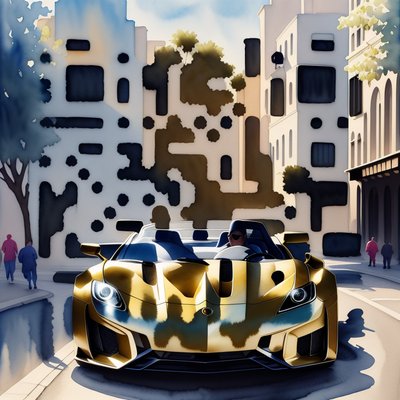 Gold Sports Car City Watercolor QR Code Art