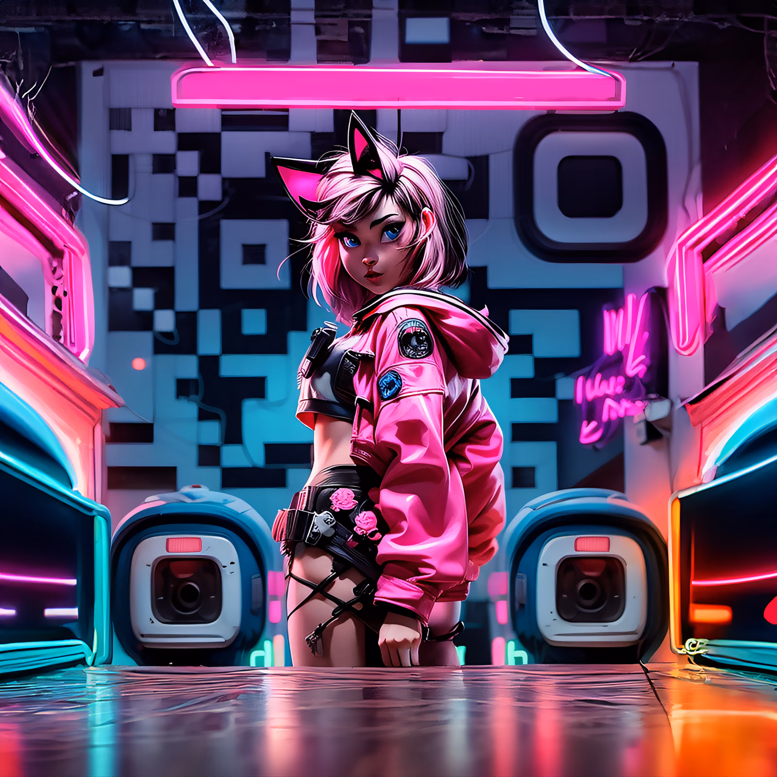 Neon Cat Ear Girl Cyberpunk Woman QR Code for Posters — image 1