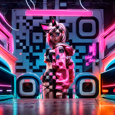 Neon Cat Ear Girl Cyberpunk Woman QR Code for Posters — image 1