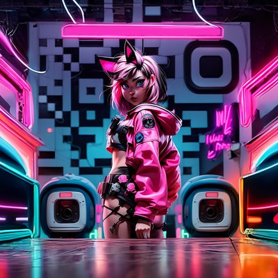 Девушка с кошачьими ушками в неоновом киберпанке: QR-код для постеров