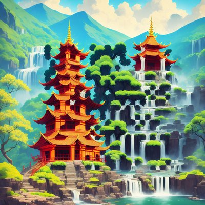 Pagoda Waterfall Cartoon Vector QR Code for Posters