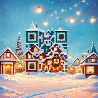 Snowy Christmas Village Painterly QR Code for Greeting Cards