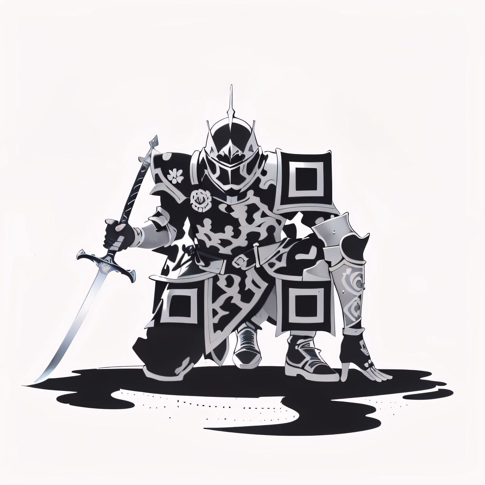Коленопреклонённый рыцарь, рисунок тушью: QR-код для одежды — изображение 1