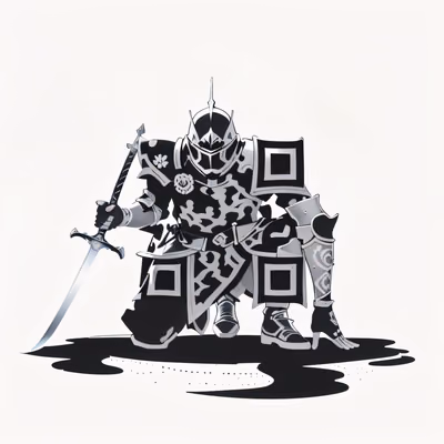 Коленопреклонённый рыцарь, рисунок тушью: QR-код для одежды — изображение 1