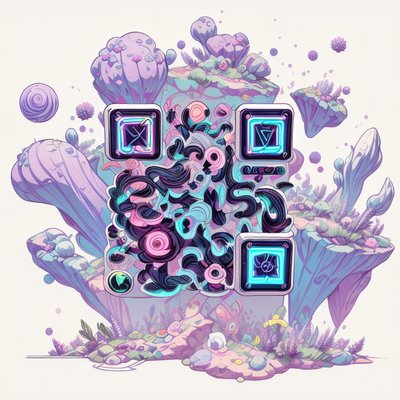 Парящий остров, сюрреалистичная игровая графика: QR-код для стикеров