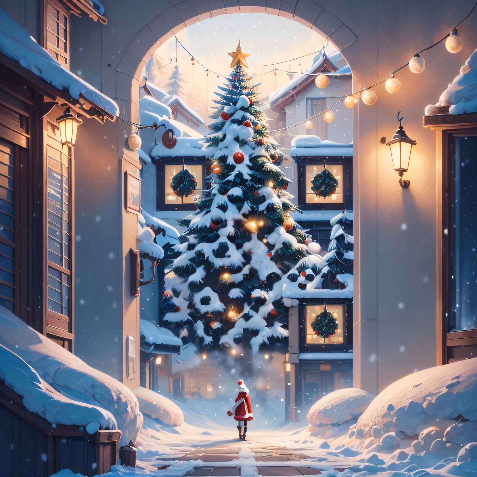Snowy Christmas Tree Village Painting QR Code for Greeting Cards — image 1