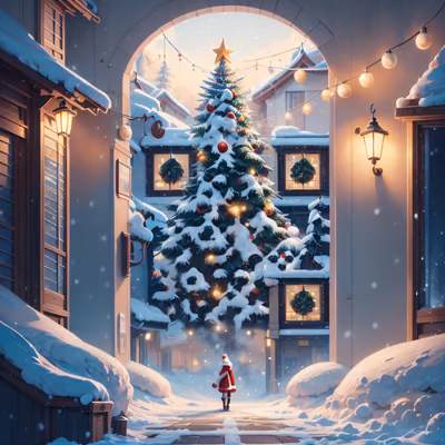 Snowy Christmas Tree Village Painting QR Code for Greeting Cards — image 1