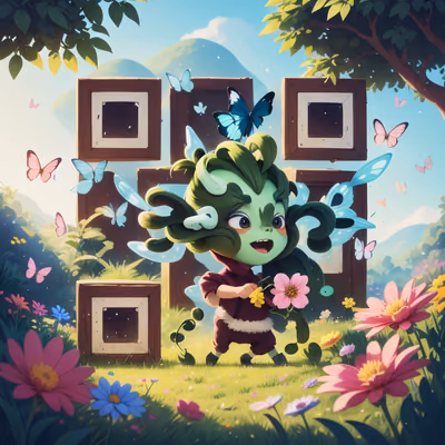 Мультяшный пришелец на цветочном лугу: QR-код — изображение 1