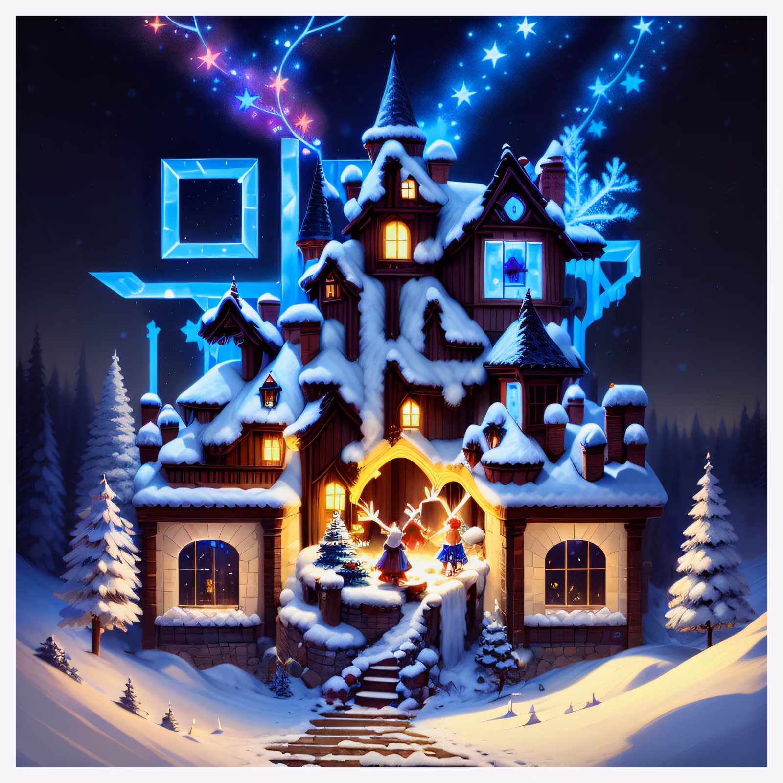 Snowy Christmas Cottage Digital Painting Night Scene QR Code for Greeting Cards — image 1