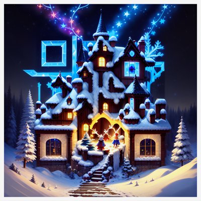 Snowy Christmas Cottage Digital Painting Night Scene QR Code for Greeting Cards