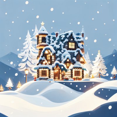 Snowy Log Cabin Christmas Vector QR Code for Greeting Cards