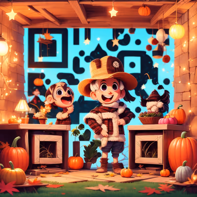 Kids in Pumpkin Shed Cartoon QR Code for Event Invitations — image 1