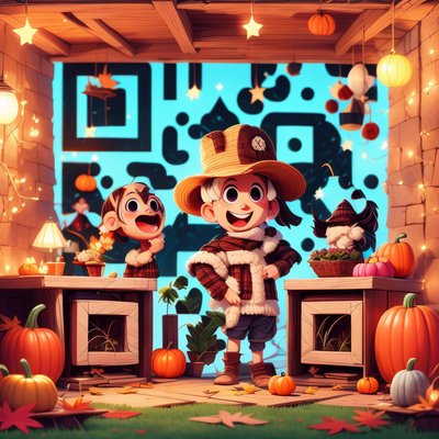 Дети в сарае с тыквами: мультяшный QR-код для приглашений на праздник