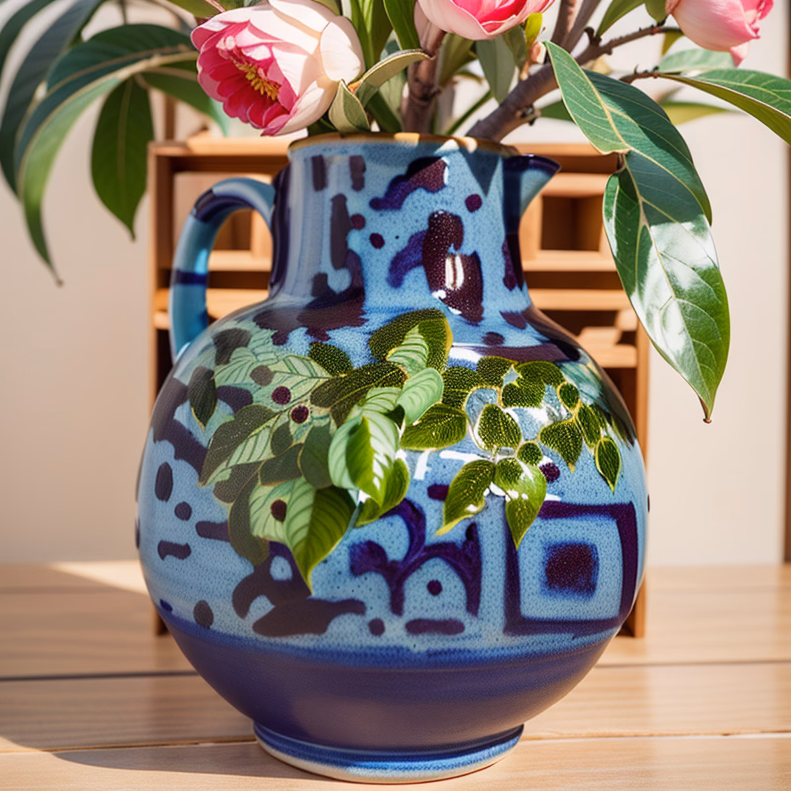 Blue Glazed Pottery Jug Photo Vase QR Code Art — image 1