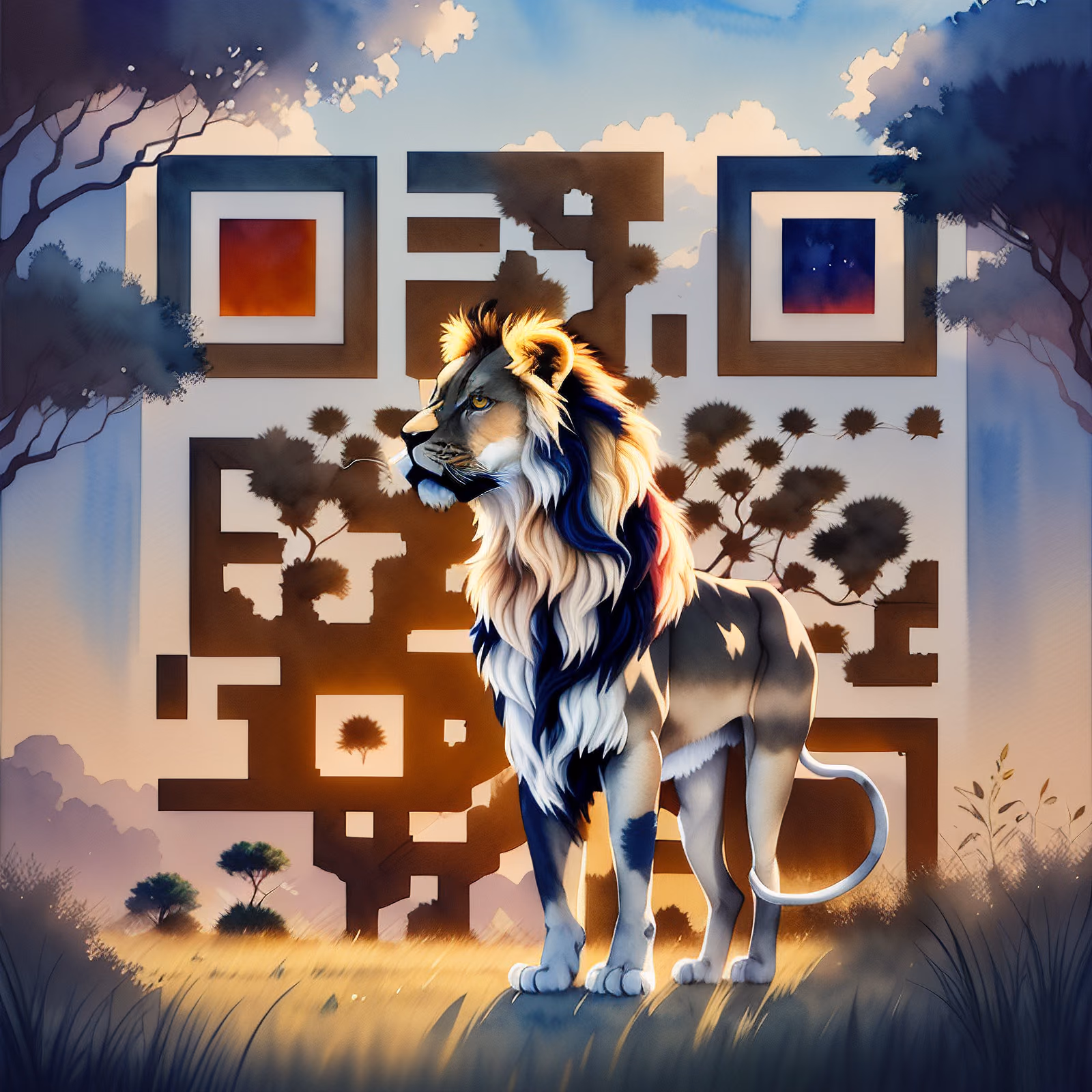 Лев в саванне, акварельный QR-код — изображение 1