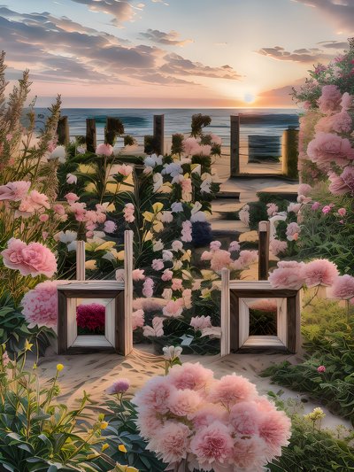 Pink Peonies Seaside Sunset QR Code Art