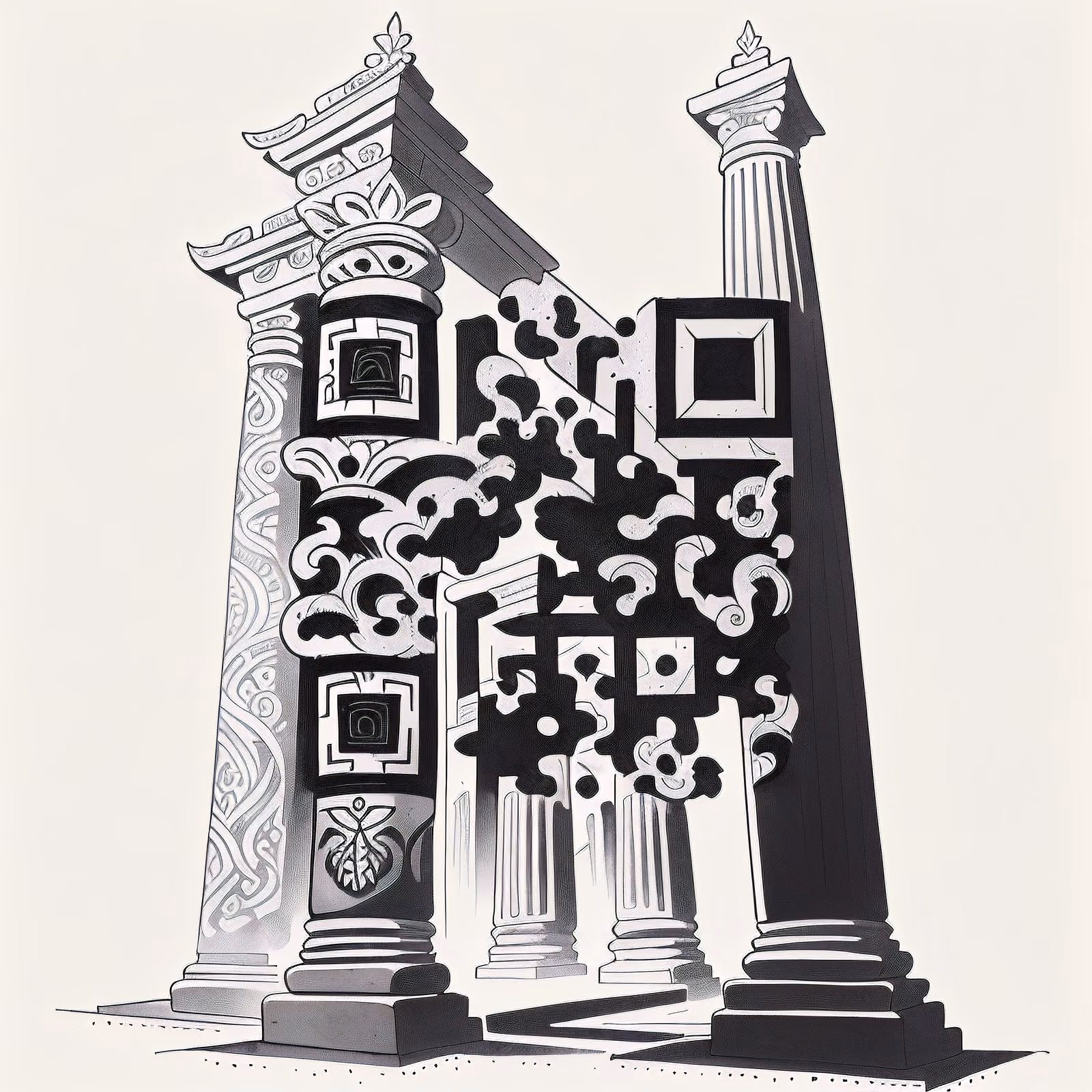 Ancient Temple Columns Ink Tattoo QR Code for Temporary Tattoos — image 1