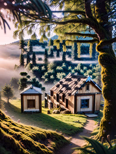 Misty Hillside Cabins Photorealistic QR Code Art — image 1