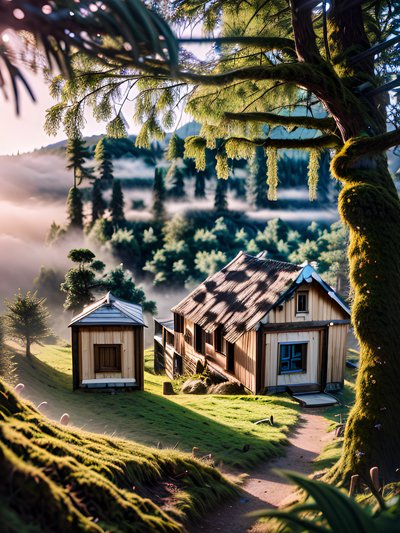 Misty Hillside Cabins Photorealistic QR Code Art