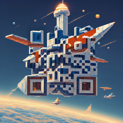 Пиксельный космический корабль над планетой: QR-код для постеров — изображение 1
