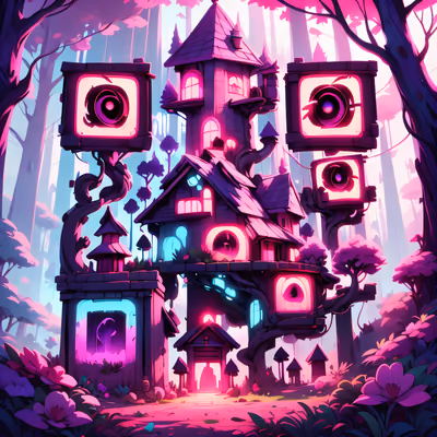 Pink Purple Forest Tower Cartoon QR Code for Posters — image 1