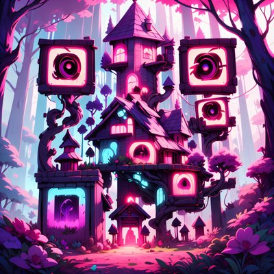 Pink Purple Forest Tower Cartoon QR Code for Posters